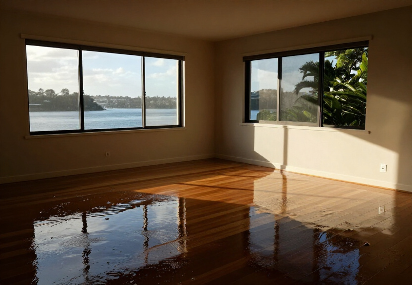Flooded living room in a Church Point home before restoration